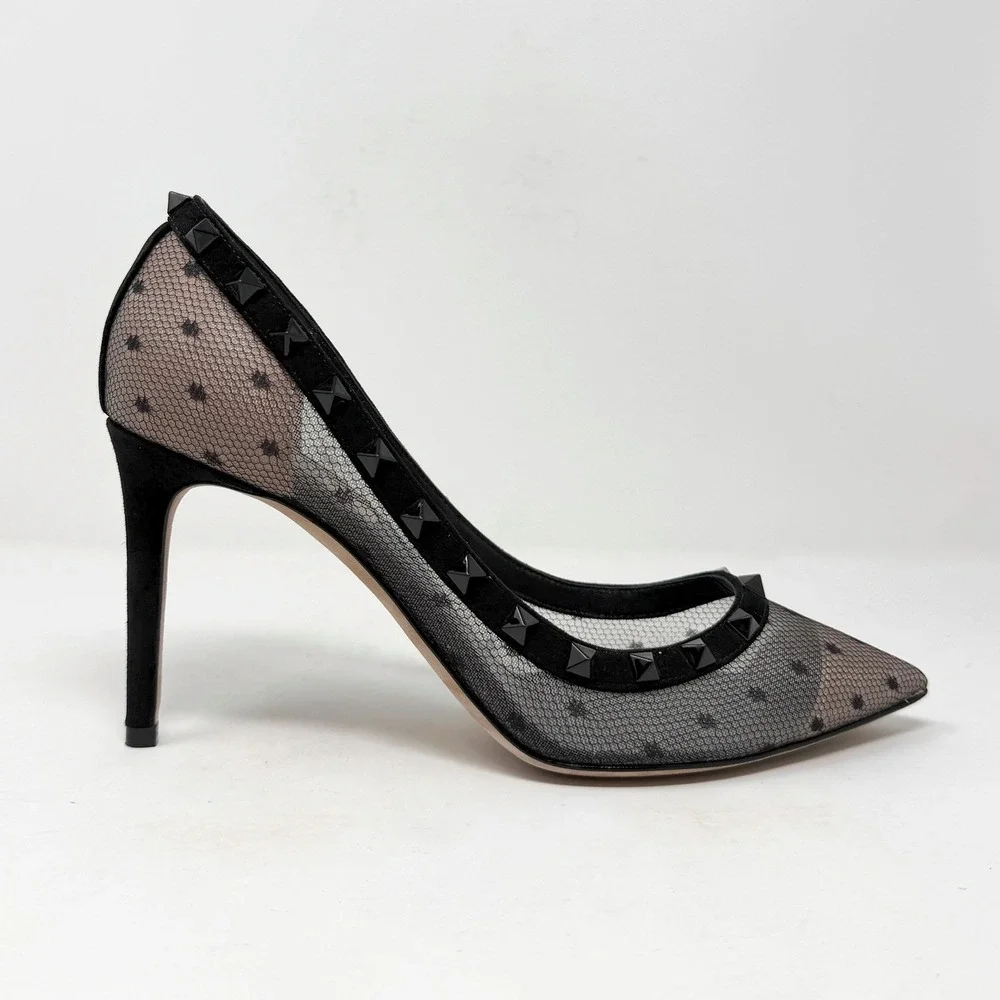 Valentino Rockstud Mesh Pumps Black Suede‎ Pointed Toe Heels 39